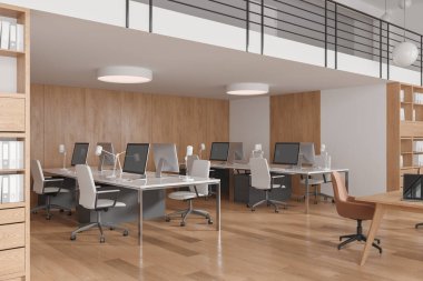 Koltuklar ve bilgisayar ile birlikte çalışan modern iç mekan masanın üzerinde, yan görünüm parke zemin. İş yeri köşesi ve klasörlerle dolu raflar. 3B görüntüleme