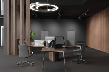 Gri iç mekan koltuklar, bilgisayar monitörü bölmeli ortak masa. Koltuklu rahat bir yer ve kapısı olan bir bitki. Çatı katında modern çalışma alanı. 3B görüntüleme