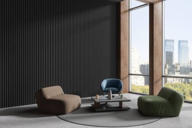 Ofis içi kanepe, koltuklar ve kahve masası, gri beton zeminde yan manzara halısı. New York gökdelenlerinde panoramik pencere olan rahat bir köşe. Uzay duvarını kopyala. 3B görüntüleme