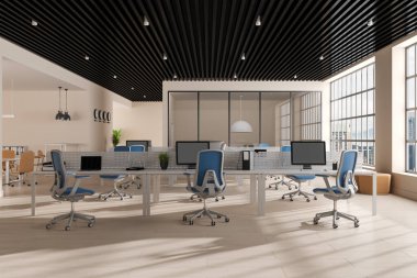 Sıraya dizilmiş sandalyeler ve bilgisayarlar, toplantı masası ve danışmanlık alanı olan bej renkli bir iç mekan. Kuala Lumpur 'daki panoramik pencereyle ofis iş birliği. 3B görüntüleme