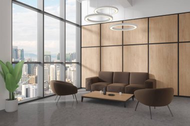 Modern ofis bekleme odasının içinde beyaz ve ahşap duvarlar, rahat kahverengi kanepe ve kahve masasının yanında duran iki koltuk ve panoramik pencere. 3d oluşturma