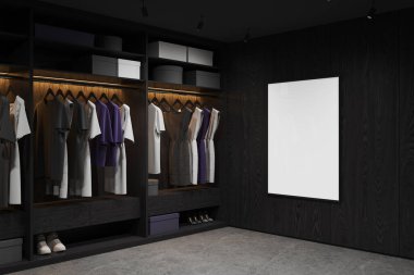 Siyah ev gardırobu iç çamaşırları askılarda, kutular ve ayakkabılar raflarda. Çağdaş dairede minimalist dolap. Tuvalin posterini hazırla. 3B görüntüleme