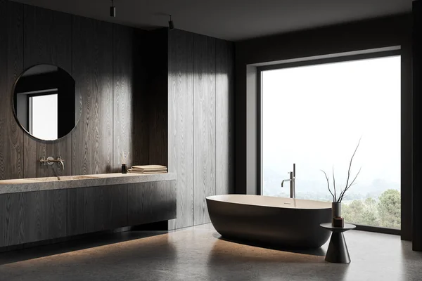 Corner Stylish Bathroom Gray Dark Wooden Walls Concrete Floor Comfortable — Stock Photo, Image
