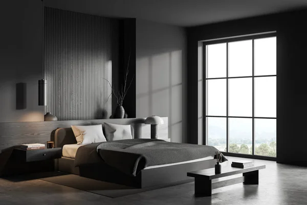 Corner Stylish Bedroom Gray Dark Wooden Walls Concrete Floor Comfortable — Stock Photo, Image