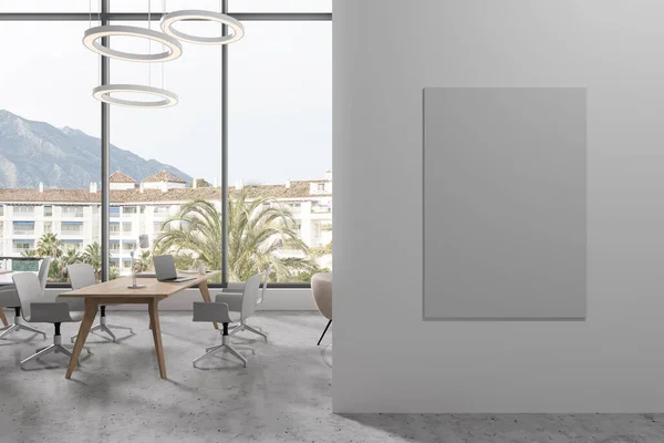 Moderní Interiér Pracovního Prostoru Dřevěným Stolem Židlemi Panoramatické Okno Minimalistický — Stock fotografie
