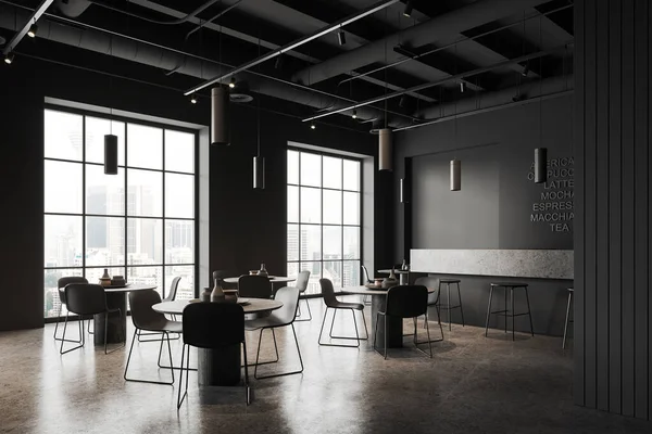 现代咖啡店的拐角处 有深灰色的墙壁 混凝土地面 有凳子的灰色吧台和有舒适椅子的圆形桌子 靠近有城市景观的大窗户 3D渲染 — 图库照片