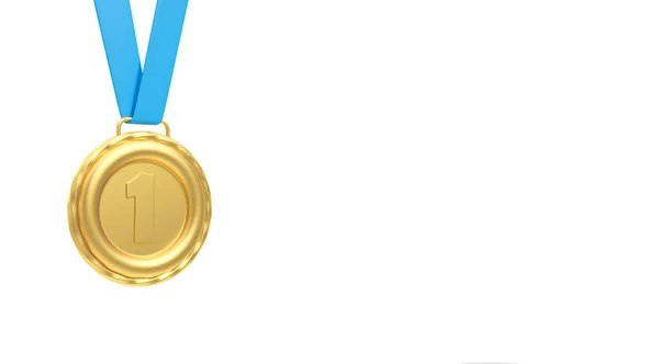 ブルーリボンで1位を獲得したゴールドメダル 空のホワイトブランクのコピースペースを背景にしたチャンピオン賞 成功と競争の概念 3Dレンダリング図 — ストック写真