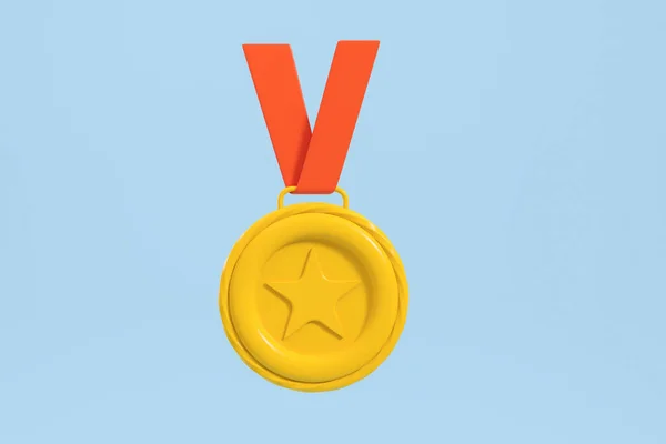 Gold Star Medal Badge Red Ribbon Winner Award Empty Blue — Stock Photo, Image