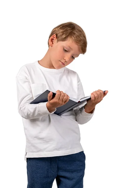 Serious School Boy Standing Book Hands Carefully Reading Portrait Isolated — Stock Photo, Image