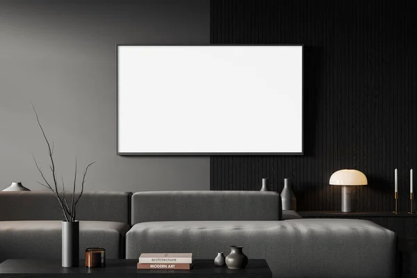 黑暗的居家客厅内饰有沙发和咖啡桌的艺术装饰 模仿墙上空旷的电视屏幕 现代公寓里的智能电视 3D渲染 — 图库照片