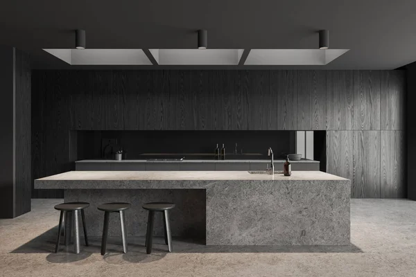 Interior Cozinha Casa Escura Madeira Com Ilha Bar Concreto Três — Fotografia de Stock