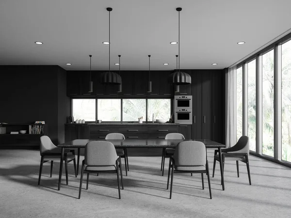 Moderní Design Dřevěný Kuchyňský Interiér Stolem Židlemi Okno Výhledem Denním — Stock fotografie