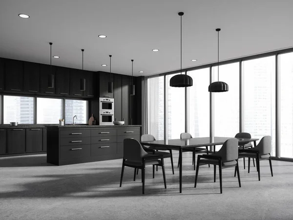 Μοντέρνο Design Ξύλινο Εσωτερικό Κουζίνας Τραπέζι Και Καρέκλες Παράθυρο Θέα — Φωτογραφία Αρχείου