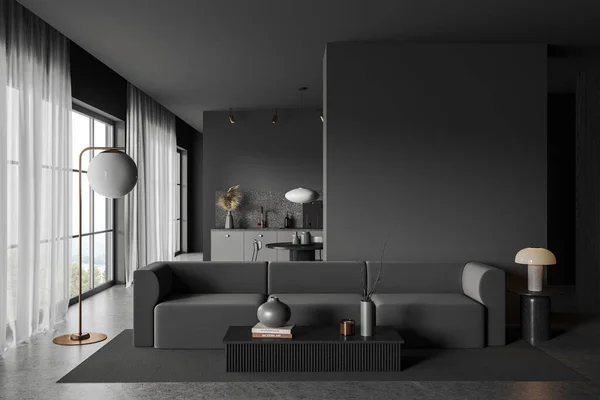 Dark home apartment interior with sofa and eating table with chairs, kitchen cabinet and panoramic window on countryside. Mockup copy space wall partition. 3D rendering