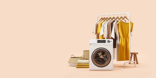Çamaşır Makinesi Askı Elbise Tişörtleri Fotokopi Alanı Bej Arka Planında — Stok fotoğraf