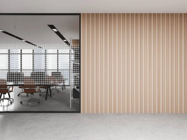Interior Del Moderno Pasillo Oficinas Con Paredes Madera Vidrio Área — Foto de Stock