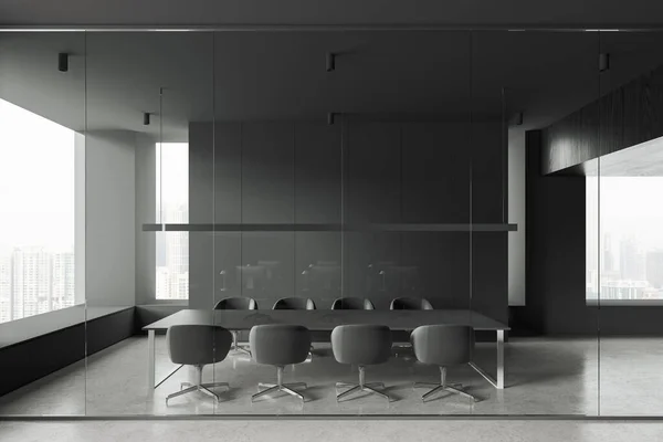 Moderno Interior Conferência Escura Com Cadeiras Placa Divisória Vidro Piso — Fotografia de Stock