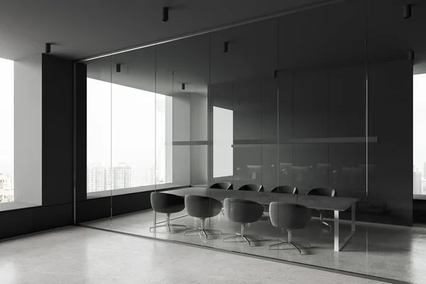 Interior Negócios Escuro Minimalista Com Cadeiras Mesa Reunião Divisória Parede — Fotografia de Stock