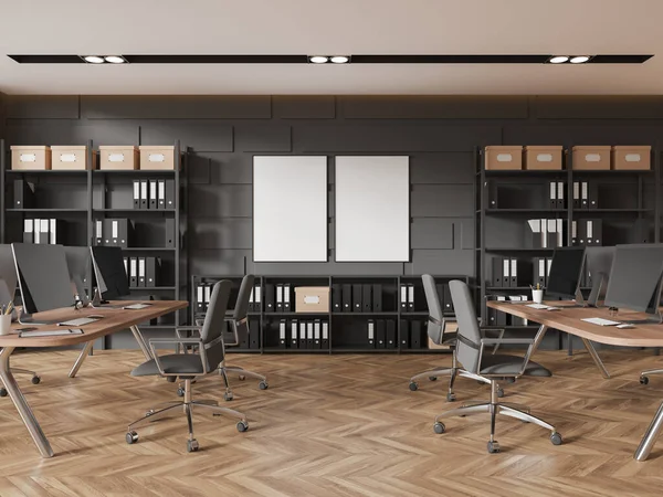 Grey Business Room Interior Shared Desk Armchairs Row Hardwood Floor — Stock Photo, Image
