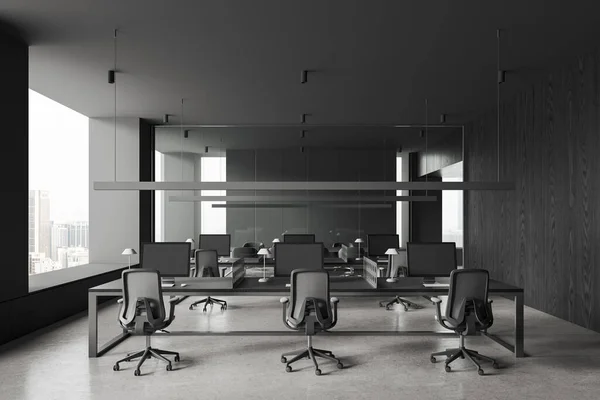 Σκούρο Εσωτερικό Χώρο Εργασίας Coworking Και Αίθουσα Συνεδριάσεων Από Γυαλί — Φωτογραφία Αρχείου