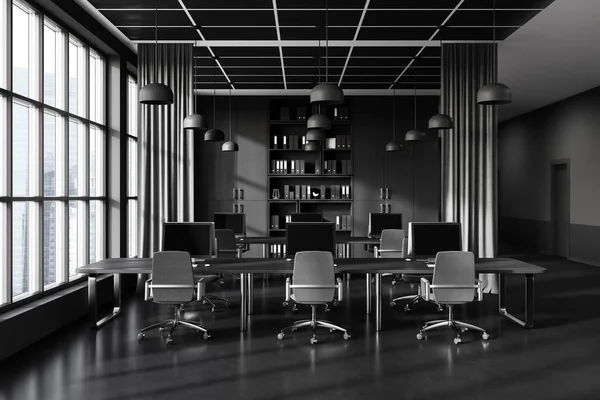 Interior Stylish Open Space Office Gray Dark Wooden Walls Comfortable — Stock Photo, Image
