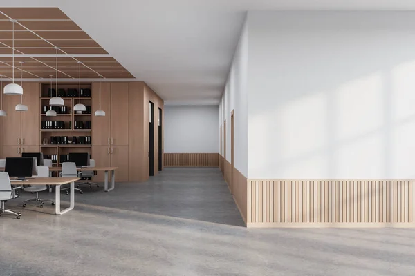 Interno Del Moderno Ufficio Open Space Con Pareti Bianche Legno — Foto Stock