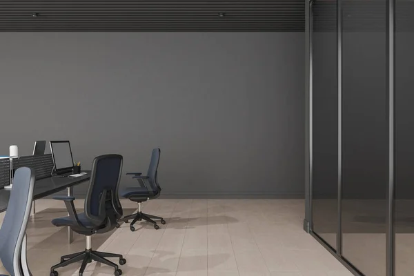 Dark Business Interior Office Chairs Computer Desk Row Hardwood Floor — Stock Photo, Image