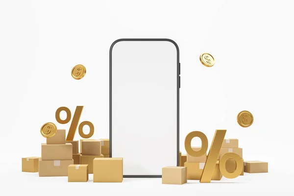Blanco Grote Telefoon Display Met Kartonnen Dozen Munten Vallen Procent — Stockfoto