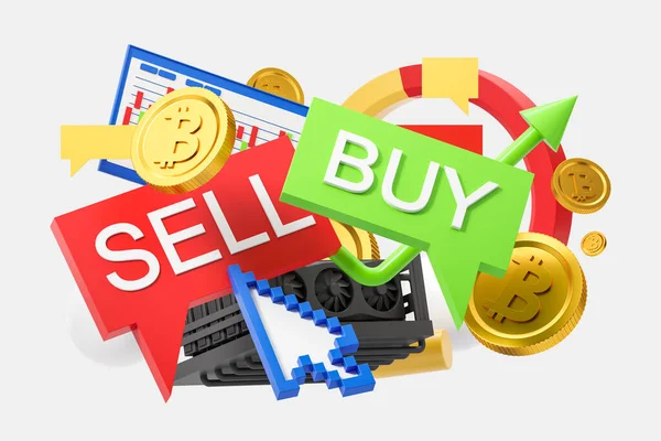 Kurzor Ukazuje Červenou Prodejní Bublinu Lesklými Bitcoinovými Mincemi Finančními Grafy — Stock fotografie