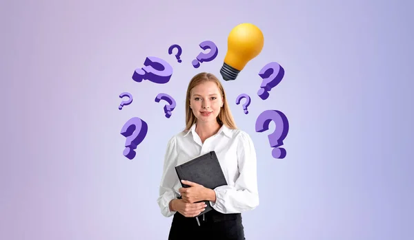 Happy Businesswoman Journal Hands Lightbulb Question Marks Flying Purple Background — Stock Photo, Image