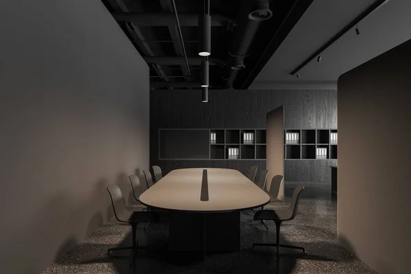 黒の椅子と楕円形のテーブル パーティションとグレーのコンクリート床と暗い交渉インテリア 棚やビジネスフォルダとの会議ゾーン コピースペースをモックアップします 3Dレンダリング — ストック写真