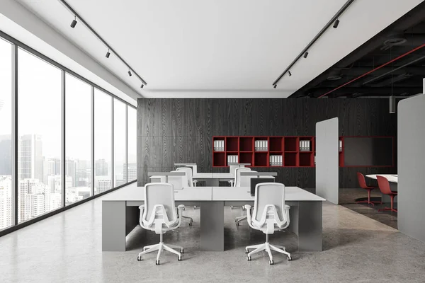 舒适的工作环境 有白色的墙壁 一排电脑桌 有白色的椅子 红色和木制的书柜 3D渲染 — 图库照片