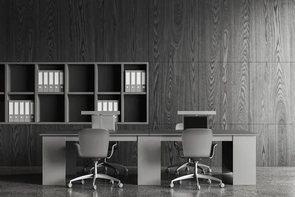 Dark Wooden Office Interior Chairs Laptop Table Grey Concrete Floor — Stock Photo, Image