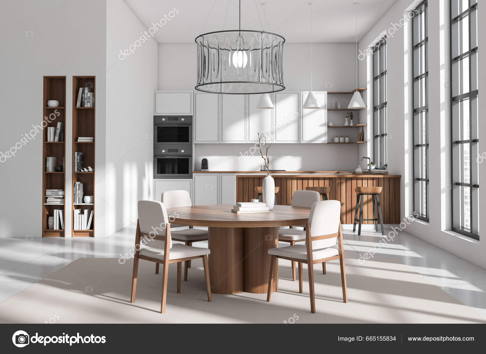 Front View Bright Kitchen Room Interior Dining Table White Wall Stock Photo  by ©denisismagilov 665155834