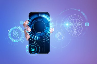 Akıllı telefon siyah ekran, biyometrik doğrulama ve yüz tanıma, ikonlar ile ikili ve yapay zeka hud. Yüz tarayıcı kavramı