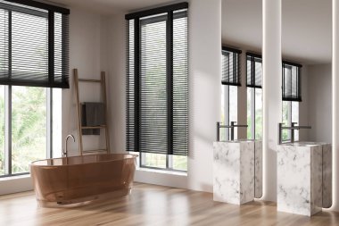 Banyonun içi küvetli ve çift lavabolu, uzun aynalı, yan manzaralı, ahşap zeminli. Tropik bölgelerde panoramik penceresi olan şık bir otel banyo alanı. 3B görüntüleme