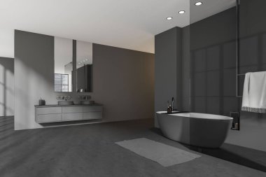 Karanlık banyo iç tarafında iki ayna, küvet, lavabo, gri duvarlar, beton zemin, cam bölme, şampuan, sıvı sabun, duş, havlu. 3d oluşturma