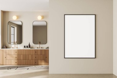 Çift lavabolu bej banyo, aksesuarlı ahşap şifonyer, açık beton zeminde ayak havlusu. Tuvalin maketi posteri. 3B görüntüleme