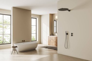 Lüks banyo, küvet, lavabo, çekmece, yan görüş minimalist duş. Tropik bölgelerde panoramik pencere. Kopya uzay duvarı. 3B görüntüleme