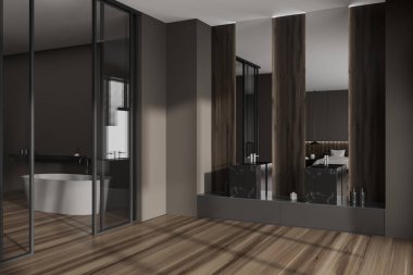 Karanlık stüdyo içi, cam kapılar ardında küvet, yan görüş, çift lavabo ve parke zemin üzerinde yatağı olan uyku alanı. Modern mobilyaları olan lüks bir daire. 3B görüntüleme