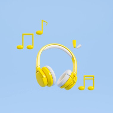 Sarı kulaklıklar, mavi arka planda notalar. İnternette müzik kavramı. 3B görüntüleme