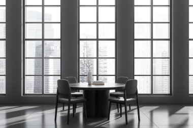 İçi karanlık yemek odası içinde masa ve gri beton zeminde sandalyeler. Singapur şehir manzarasında dekorasyonu ve panoramik penceresi olan modern oturma odası. 3B görüntüleme