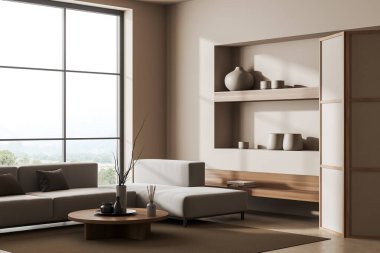 Samimi toplantı odası. Kanepe, sehpa, yan görüş, bej beton zeminde halı. Kitap ve vazo rafı, kırsal alanda panoramik pencere. 3B görüntüleme