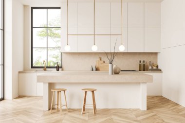 Ahşap zeminde bar taburesi ve adası olan bej bir mutfak. Mutfak eşyaları ve şık dekorasyon. Tropiklerde panoramik pencereli yemek köşesi. 3B görüntüleme