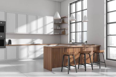 Beyaz mutfak, bar sandalyeleri ve ada manzaralı. Güvertede aksesuarlı mutfak eşyaları, Singapur manzaralı panoramik pencereli yemek pişirme alanı. 3B görüntüleme