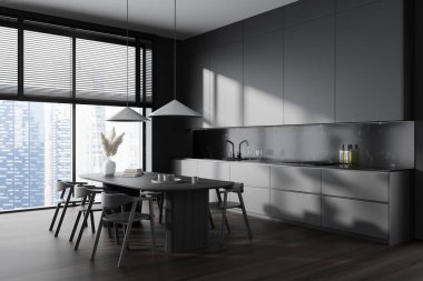 Karanlık mutfak içinde sandalyeler, yemek masası, yan görüş, ahşap döşeme. Singapur gökdelenlerinde yeme alanı ve panoramik pencere. 3B görüntüleme