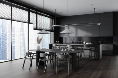 İçi yemek masası ve sandalyelerle dolu karanlık mutfak, yan görüş, bar adalı yemek pişirme alanı ve mutfak eşyalarıyla dekorasyon. Singapur gökdelenlerinin panoramik penceresi. 3B görüntüleme