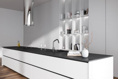 Bar adası, lavabo ve mutfak malzemeleriyle lüks bir otel mutfağı. Rafta modern sanat dekorasyonu, yan manzara. Ahşap zeminli beyaz gizli yemek köşe tasarımı. 3B görüntüleme