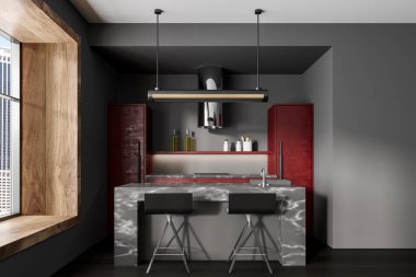 Şık bir mutfak, bar adası ve koyu ahşap zeminde sandalyeler. Mutfak eşyaları ve kapüşonlu mermer tasarımı. Gökdelenlerin panoramik penceresi. 3B görüntüleme