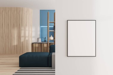 Beyaz atölyenin iç tarafında kanepe ve ahşap zemin üzerinde bar adası var. Minimalist düzlükte soğutma ve pişirme alanı. Model boş poster. 3B görüntüleme